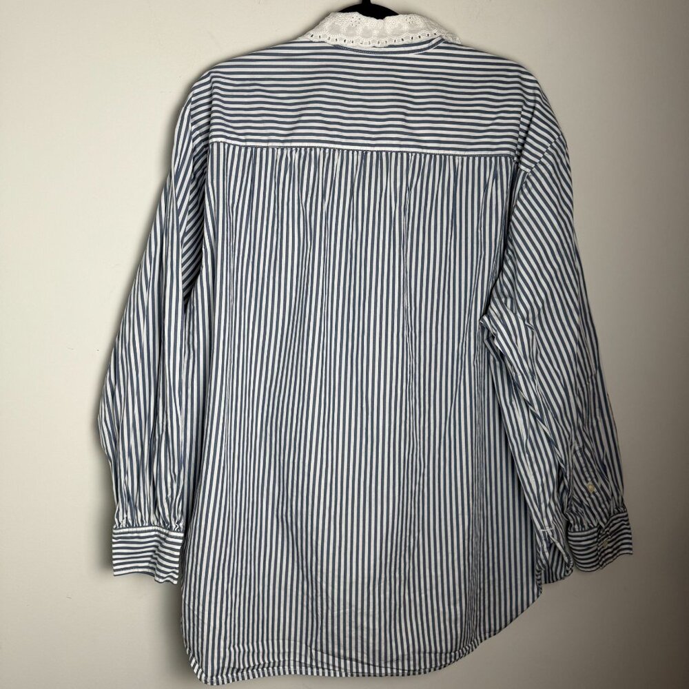 Gap X DOEN Eyelet Lace Collar Button Down Big Shirt Blue Stripe 100% Cotton L - Picture 7 of 11